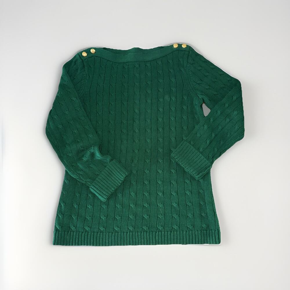Lauren Ralph Lauren Sweater Women's L Green Cable Knit Boat Neck Gold Button